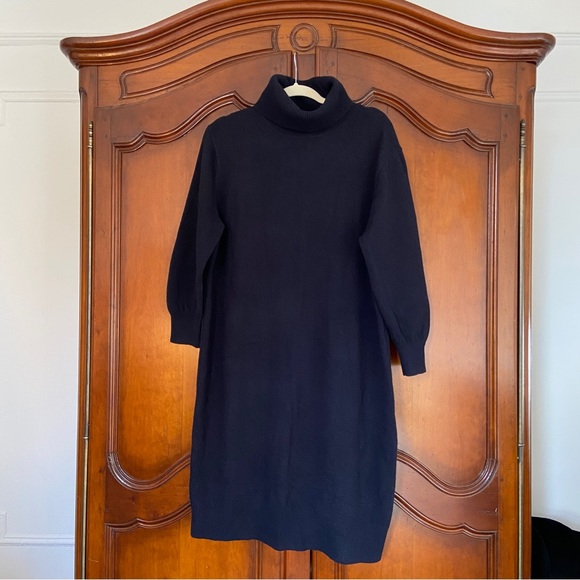 Uniqlo 100% Wool Navy Turtleneck Balloon Sleeve Midi Sweater Dress - Picture 1 of 9